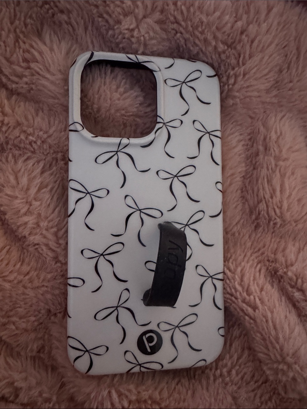 Loopy Case White Phone Case with Black Bow Pattern and Black Grip